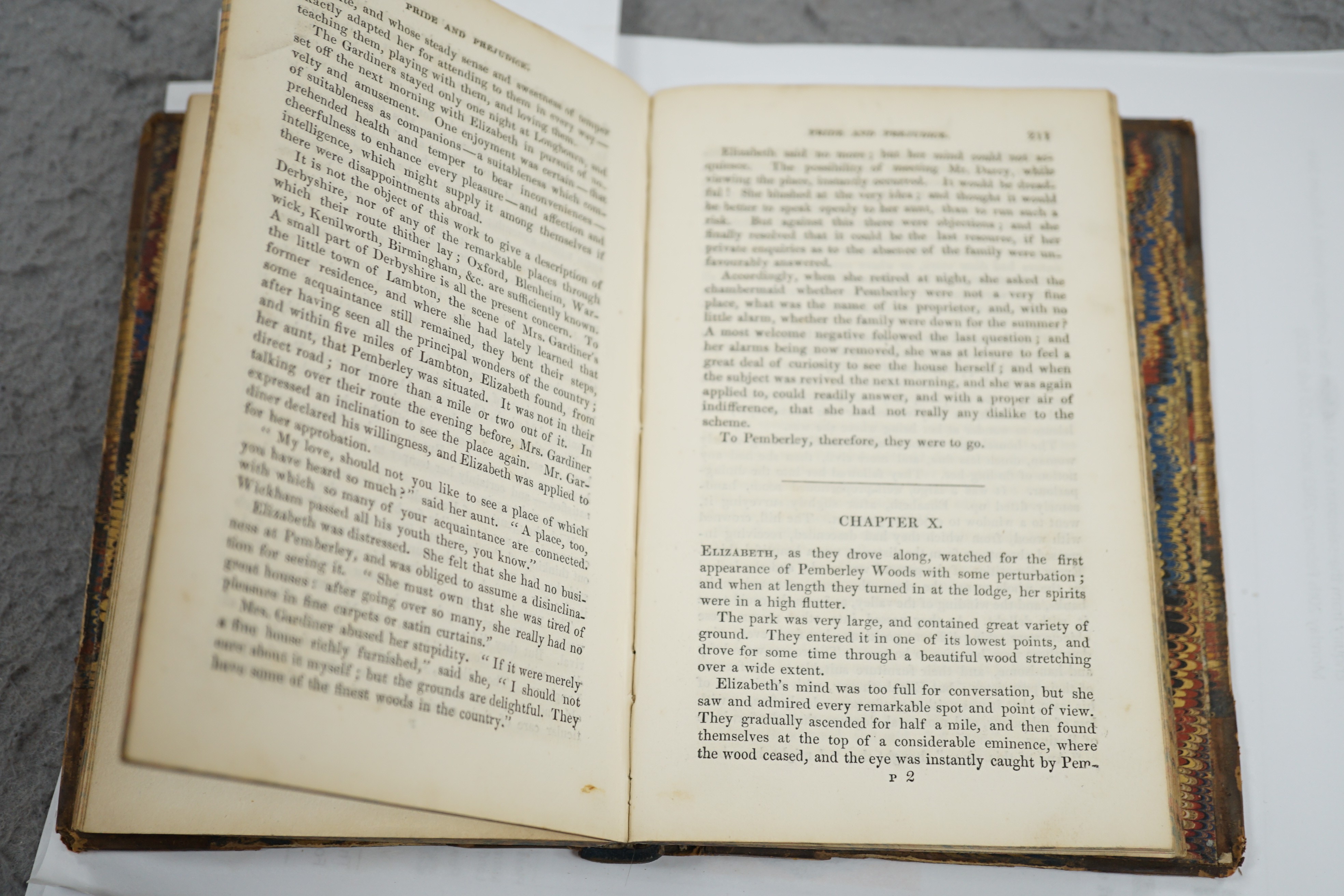Austen, Jane - Pride and Prejudice. A Novel. First Collected Edition. pictorial engraved and printed titles, frontis; mid 19th century half calf and marbled boards, panelled spine with black label